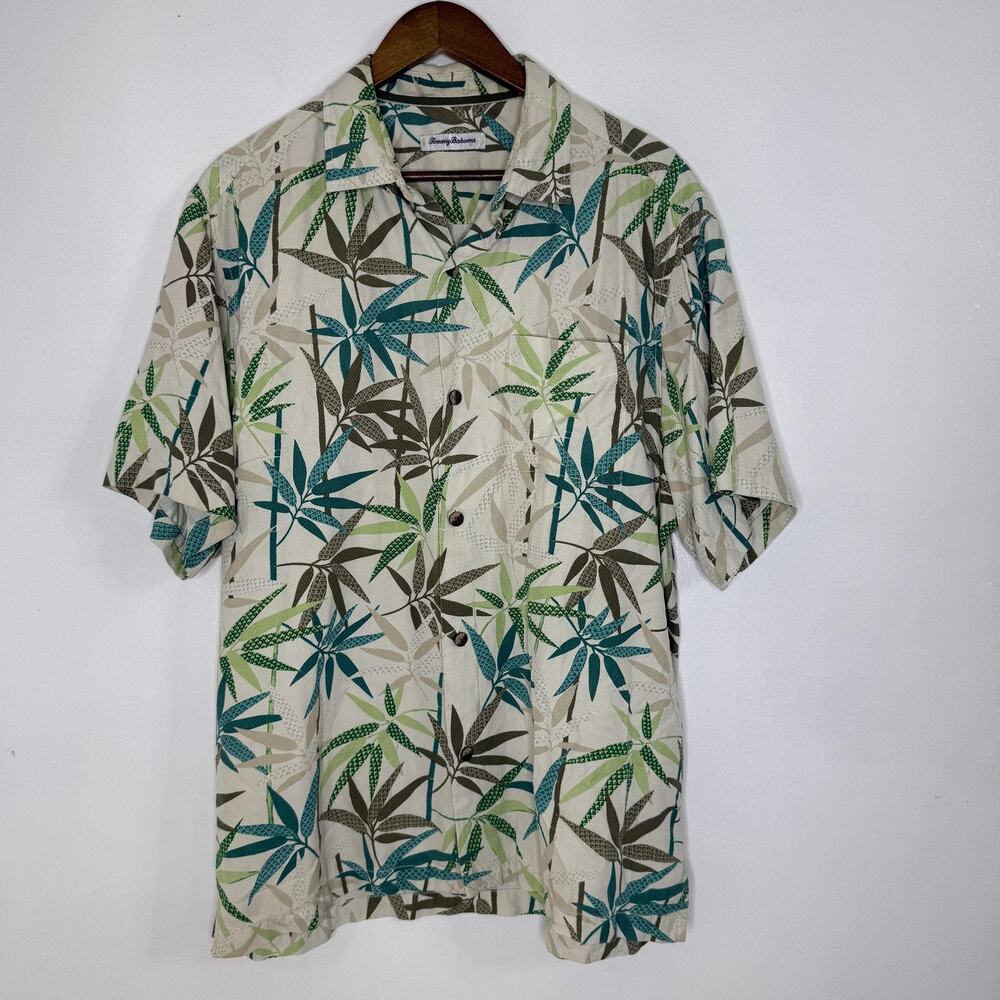 Tommy Bahama Shirt Mens Large Beige Bamboo Silk Hawaiian Button Up Camp Casual